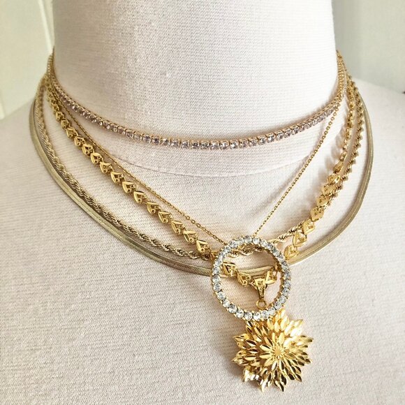 Retro 1928 Rhinestone Circle Pendant Necklace Gold Art Deco - Picture 1 of 6